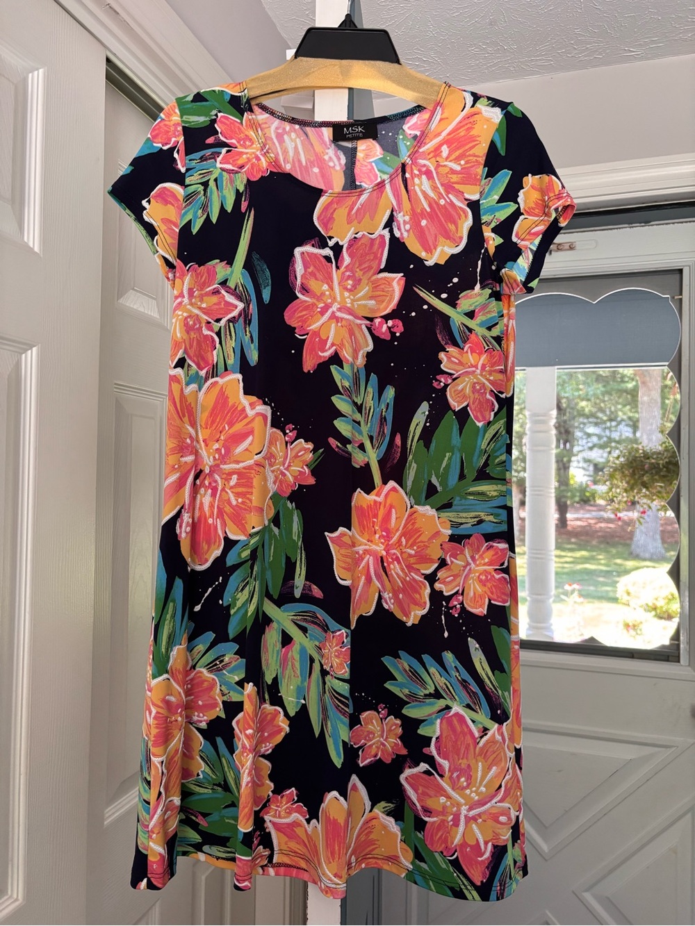 MSK Navy Dress with Pink and Orange Floral Print